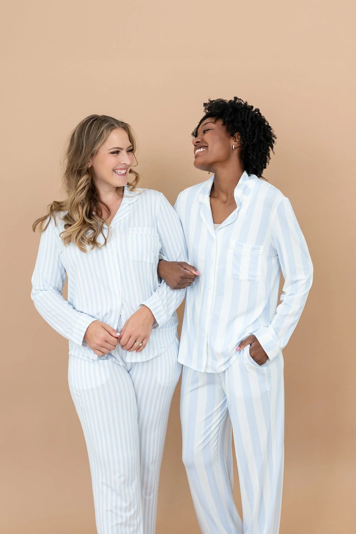 Long-Sleeved Women's Pajama Set in Small Mist Stripe with Cloud Trim