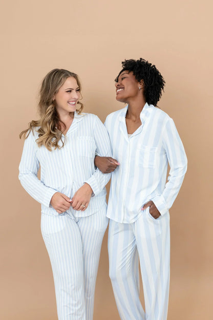 Long-Sleeved Women's Pajama Set in Small Mist Stripe with Cloud Trim
