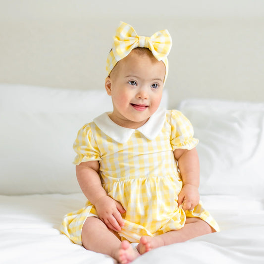 Peter Pan Collar Bodysuit Dress in Gingham Chamomile