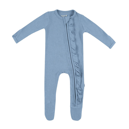 Ribbed Ruffle Zipper Footie in Slate
